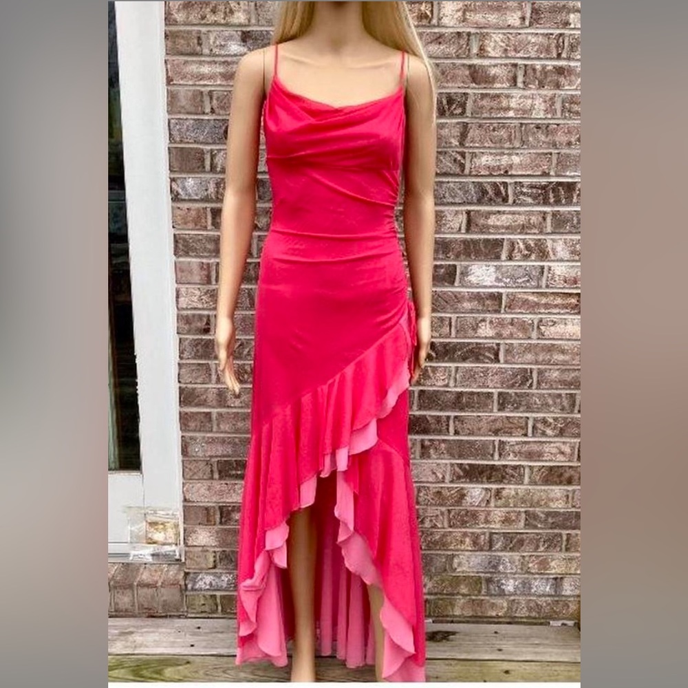 Y2K Glittery Coral Pink Barbiecore Draped Ruffle Prom Dress